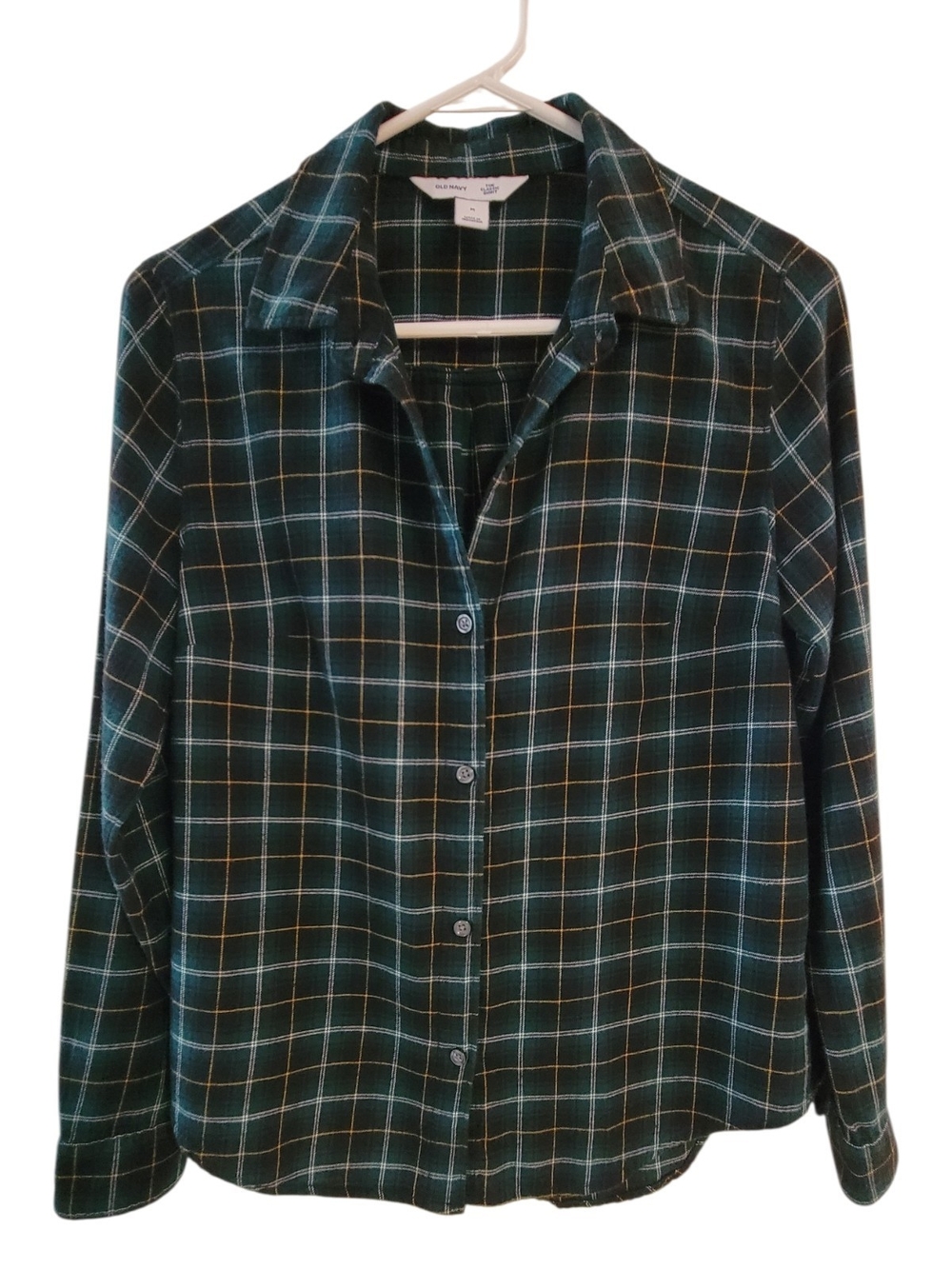 Old Navy Women's Classic Button-Down Long Sleeve Shirt Dark Green/Navy Plaid